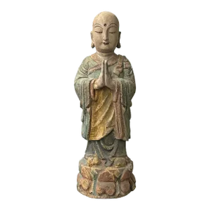 Chinese Rustic Wood Standing Prayer Hands Lohon Monk Statue