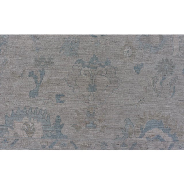 Modern Tribal Oushak With Light Silver-Gray Colored Background and Cream Border For Sale - Image 9 of 12