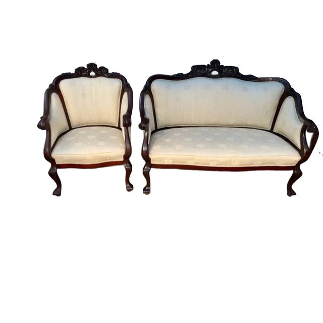 Early 20th Century Antique Victorian Style Carved Walnut Parlor Set, Loveseat and Lounge Chair For Sale - Image 13 of 13