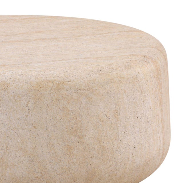 Contemporary Faux Travertine Round Coffee Table For Sale - Image 3 of 3