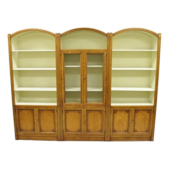Mid 20th Century Henredon French Country Provincial Walnut Fruitwood 3 Pc Wall Unit Bookcase For Sale