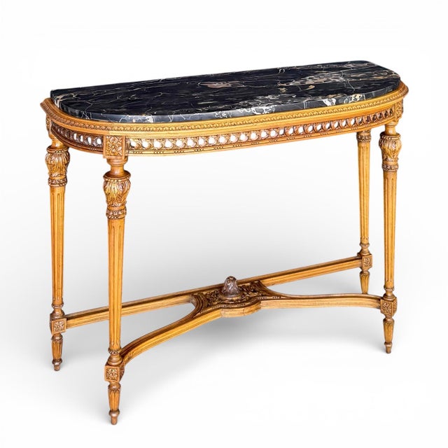 French Mid-20th Century Louis XVI Style Demilune Console Table in Bleached Mahogany With Portoro Nero Marble Top For Sale - Image 3 of 11