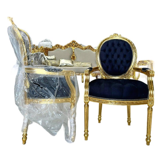 Baroque Black Velvet Accent Chair With Luxurious Gold Leaf Details For Sale