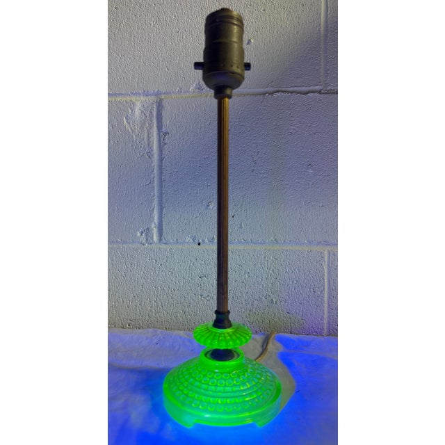 Antique Brass Green Blacklight Glowing Vaseline Glass Electric Table Lamp For Sale - Image 10 of 11