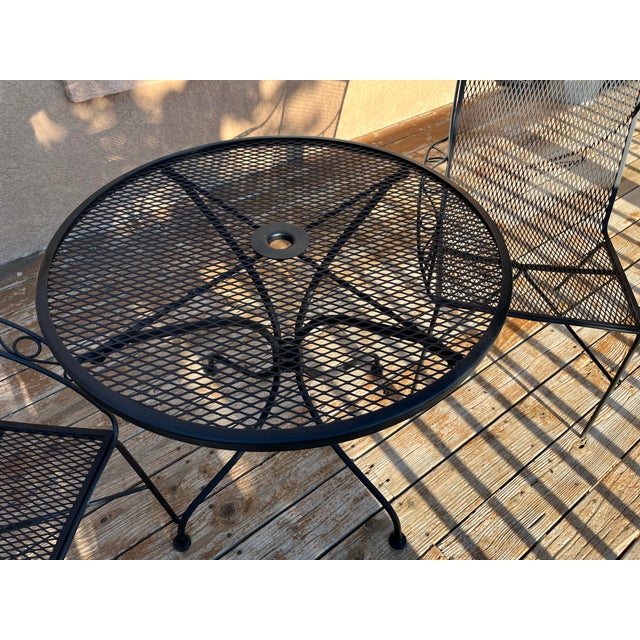 Mid-Century Modern Woodard Style Mid-Century Modern Black Wrought Iron Mesh Bistro Set - 3 Pieces For Sale - Image 3 of 8