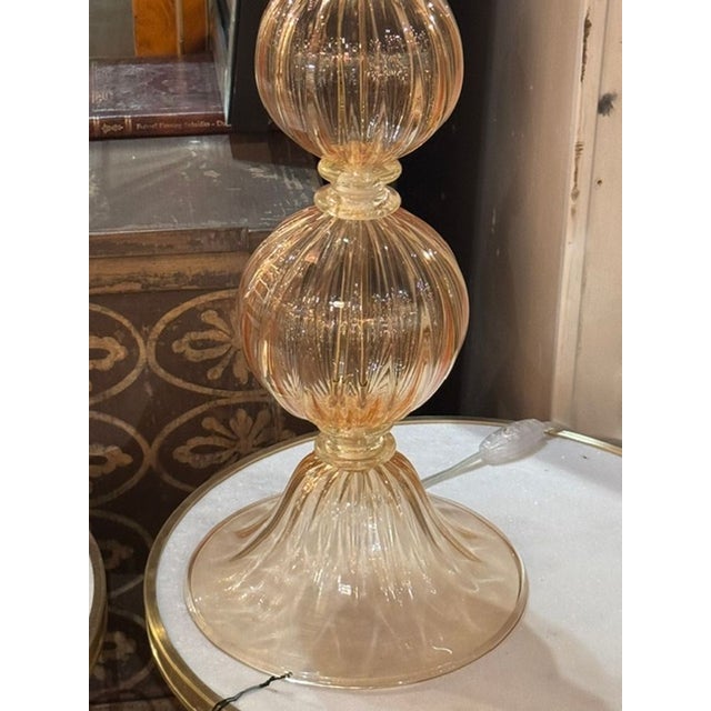 Pair of Large Scale Murano Peach and Gold Ball Form Lamps For Sale - Image 4 of 7