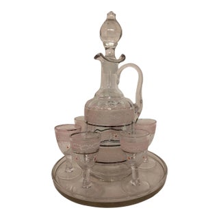 1930s Depression Glass Decanter, Cordials & Tray Set- 9 Pieces For Sale