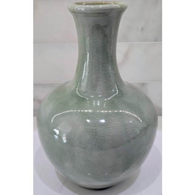 Late 20th Century Vintage Thai Celadon Green Crackle Glaze Ceramic Vases — A Pair For Sale - Image 5 of 17