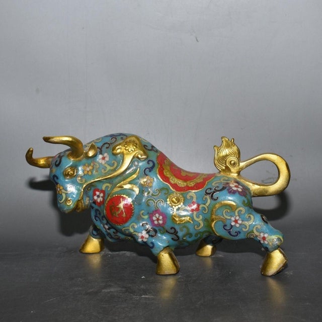 Vintage Cloisonne Enamel Bull Figurine – 11" Gilt Ox Sculpture With Floral Motif For Sale - Image 10 of 18
