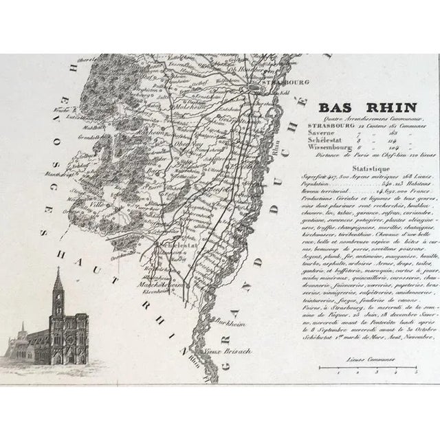 Attention Francophiles! Up for sale is this lovely antique map of Bas Rhin Department with a vignette of the Cathedral de...