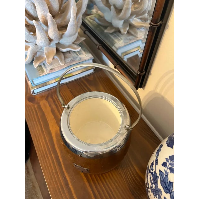 Antique English Oak Biscuit Barrel With Silver Shield Crest and Porcelain Liner For Sale - Image 11 of 11