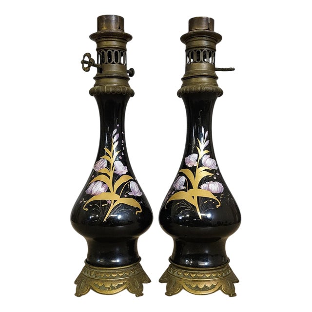 Napoleon III Lamps with Black Enameled Porcelain Stems, Set of 2 For Sale
