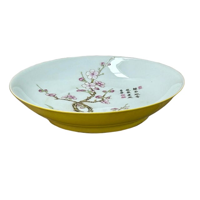 1980s Chinese Pink Blossom Flower White Porcelain Plate Display Art For Sale - Image 5 of 9