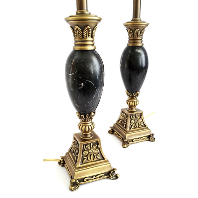 Maitland - Smith Lamps Maitland Smith Black Marble Pair & Silk Shades For Sale - Image 4 of 12