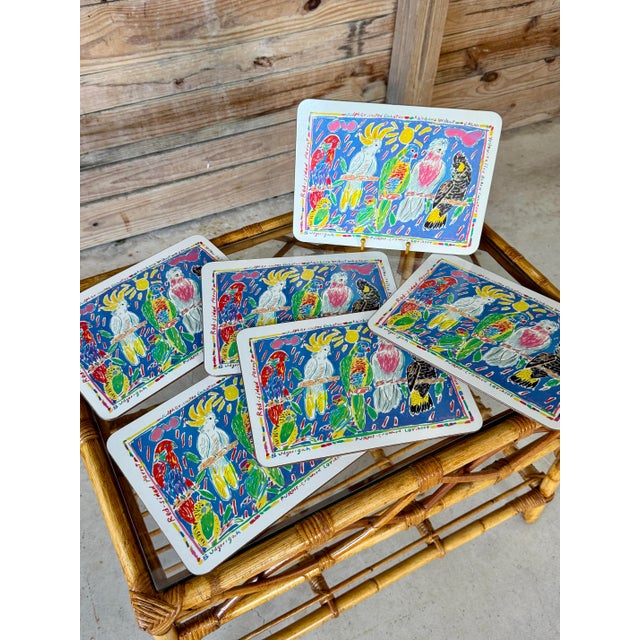 Wood 1980s Ken Done Australian Parrot Placemats, Set of 6 in Original Box For Sale - Image 7 of 12