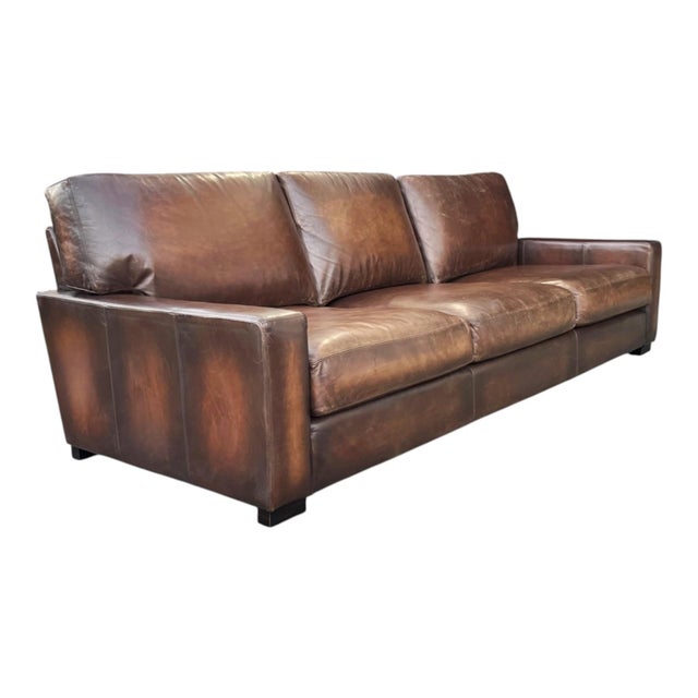 1980s Large Deep-Seated Two-Tone Brown Leather Sofa With Vintage Patina For Sale In Los Angeles - Image 6 of 12
