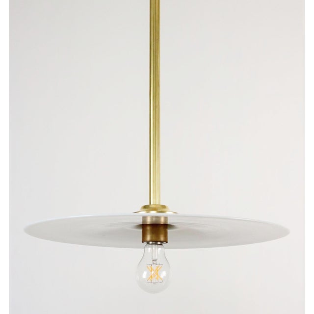 White Mid 20th Century Industrial Flat Disc Milk Glass Brass Pole Pendant Light For Sale - Image 8 of 14
