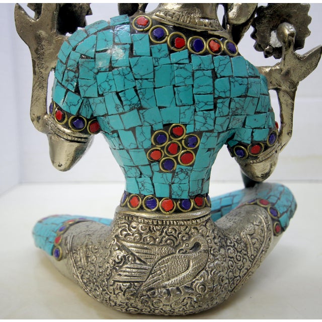 Metal Mid-Century Tibetan-Style Inlaid Brass Green Tara Statue – 11" H For Sale - Image 7 of 18