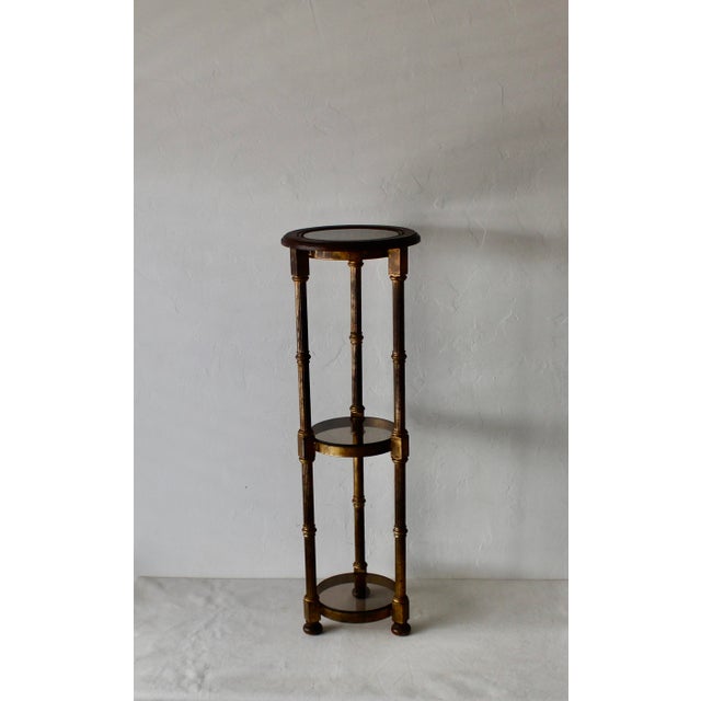 Maitland Smith Style Gilded Metal Wood Smoke Glass Three Tiered Plant Stand Vintage Hollywood Regency. Well crafted...