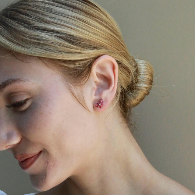 Metal Nina Zhou Pink Sapphire Diamond Small Cluster Earrings in 14k Gold-Set of 2 For Sale - Image 7 of 7