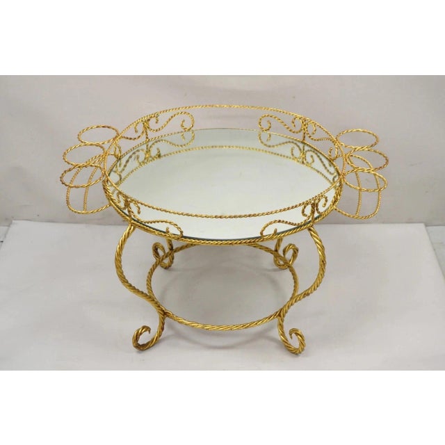 Hollywood Regency Vintage Italian Hollywood Regency Iron Gold Rope Round Mirror Top Coffee Table For Sale - Image 3 of 10