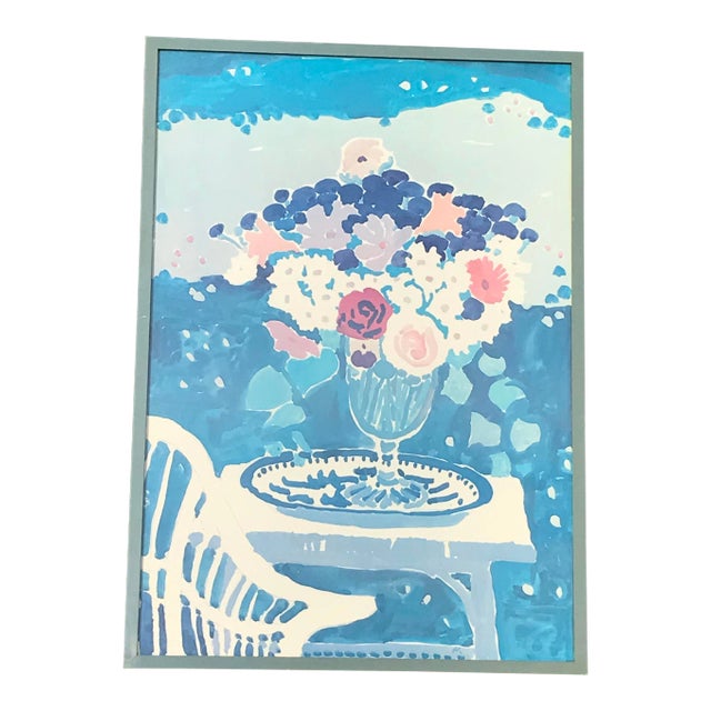 Vintage Framed Blue Floral Watercolor Print For Sale
