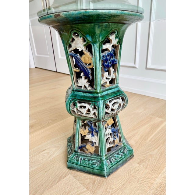 1950s Chinese Export Pierced Ceramic Pedestal Table With Custom Glass Top For Sale In Chicago - Image 6 of 8