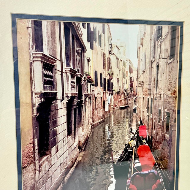 1980s Vintage Italian Boho Chic Cityscape Canal With Red Gondola at Dock Framed Photography For Sale - Image 16 of 18