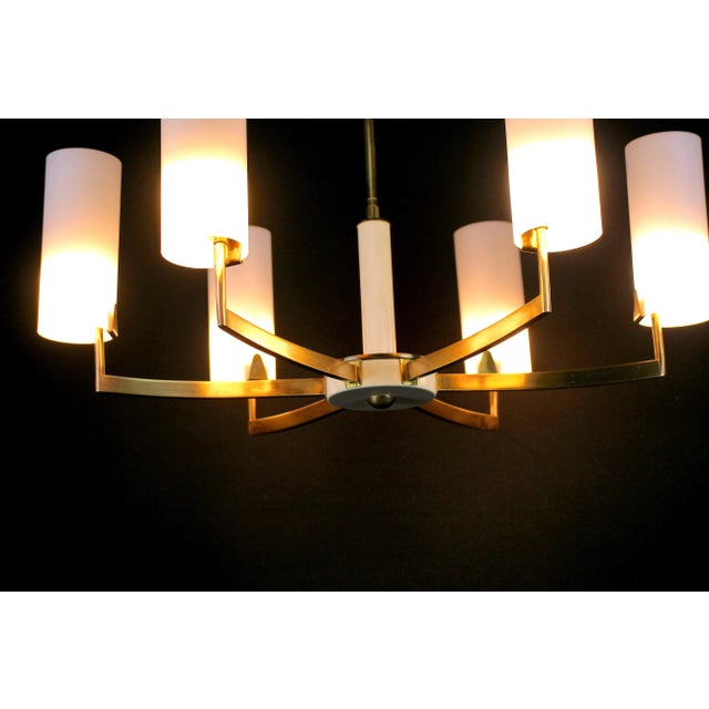 Mid 20th Century Stilnovo Chandelier, Mid-Century Brass & White , Six Opalines, Italy For Sale - Image 5 of 6