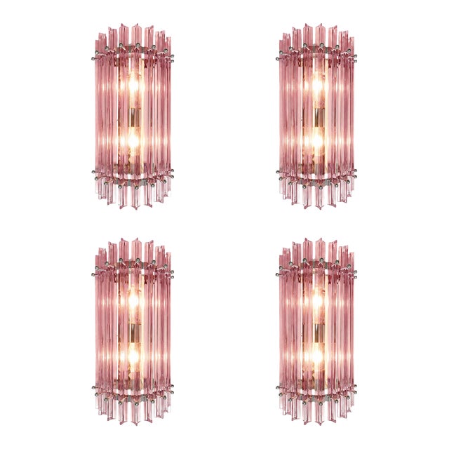 Italian Scenographic Pink “Triedro” Murano Glass Wall Sconces — Lot of Four For Sale