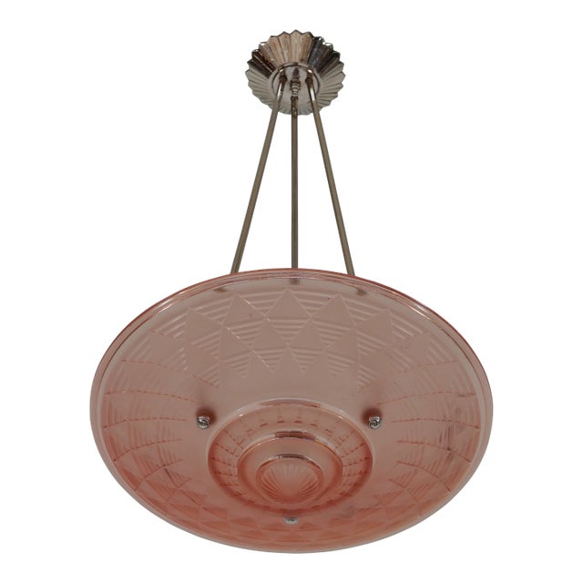Petitot French Art Deco 1930s Modernist Chandelier - Geometric Pink Glass For Sale