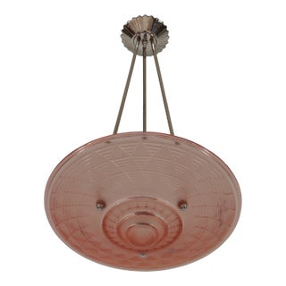 Petitot French Art Deco 1930s Modernist Pendant Light - Geometric Pink Glass For Sale