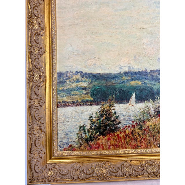 Late 20th Century Late 20th Century Framed Oil on Canvas Impressionist River Landscape After Alfred Sisley – The Seine at Bouille For Sale - Image 5 of 8