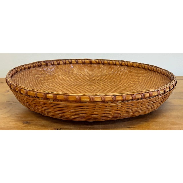 Chinoiserie Vintage Large Round Woven Wicker Basket For Sale - Image 3 of 10