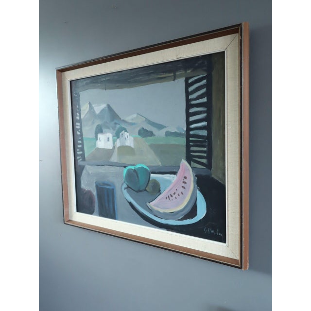 Mid 20th Century Mid-Century Modern 'Still Life With Mountain View' Vintage Original Interior Oil Painting, Framed For Sale - Image 5 of 13