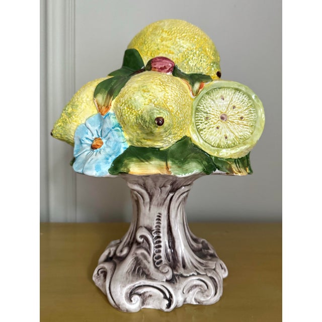 Italian Vintage Italian Hand Painted Centerpiece Majolica Lemon Pedestal For Sale - Image 3 of 9