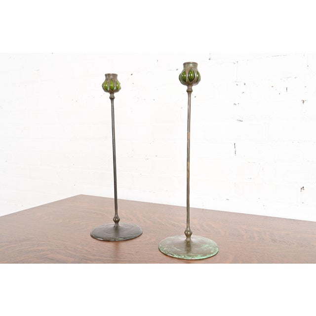 Art Deco Tiffany Studios New York Bronze and Green Favrile Glass Puddle Candlesticks, Pair For Sale - Image 3 of 12