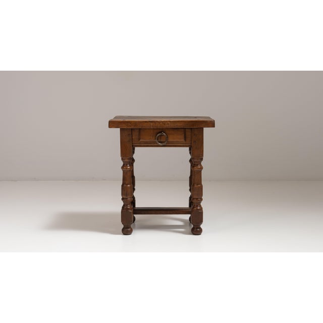 1970s French Chestnut Brown Oak Side Table with Single Drawer For Sale - Image 15 of 15