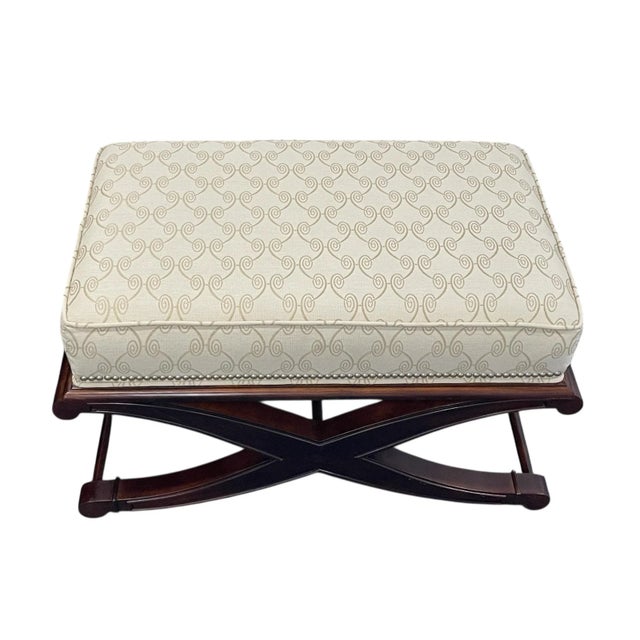 Eggshell Vintage X-Form Upholstered Ottomans With Nailhead Trim, Pair For Sale - Image 8 of 14