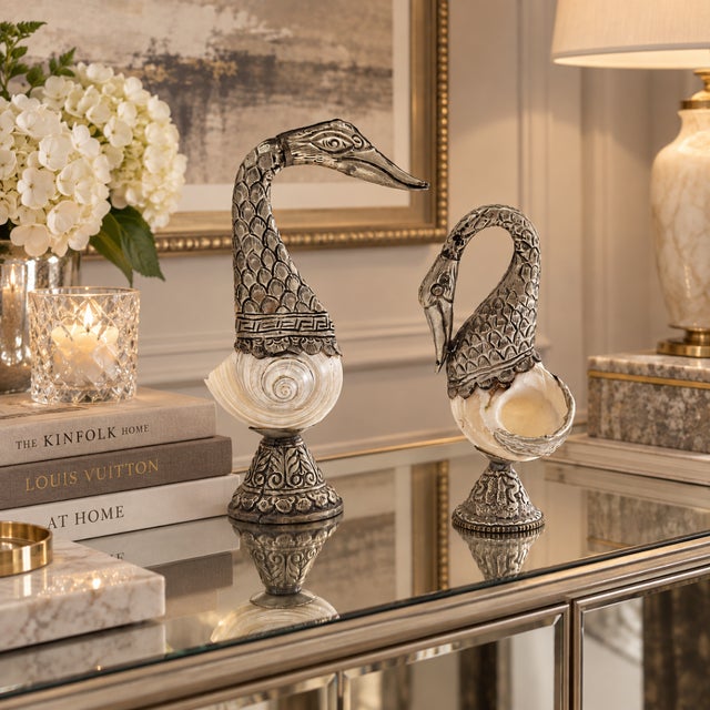 Indian Set Anglo-Indian Style Silver Nautilus Shell Swan Vases Deco Pieces 1950s For Sale - Image 3 of 13