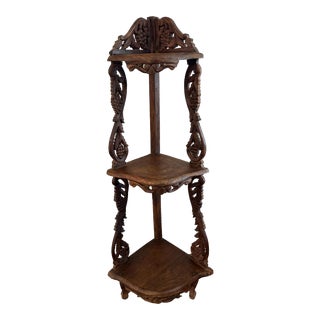 1990s Vintage Solid Wood Carved Corner Display Case With Floral Carving For Sale