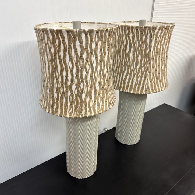 Ceramic Celadon Zig Zag Ceramic Table Lamps With Funky Shades, Pair For Sale - Image 7 of 12