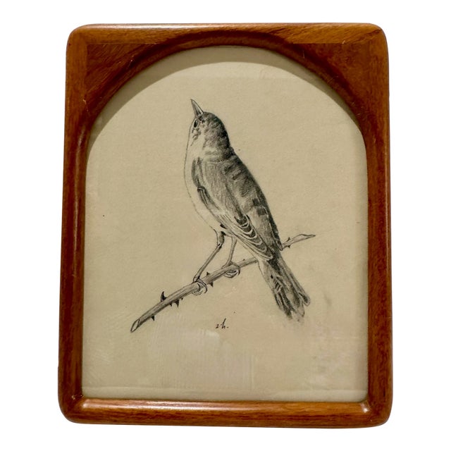 Vintage Original Pencil Drawing Songbird on Branch Signed Art Arched Wood Frame For Sale