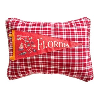 Florida Map Vintage Red Pennant on New Woven Plaid Throw Pillow For Sale