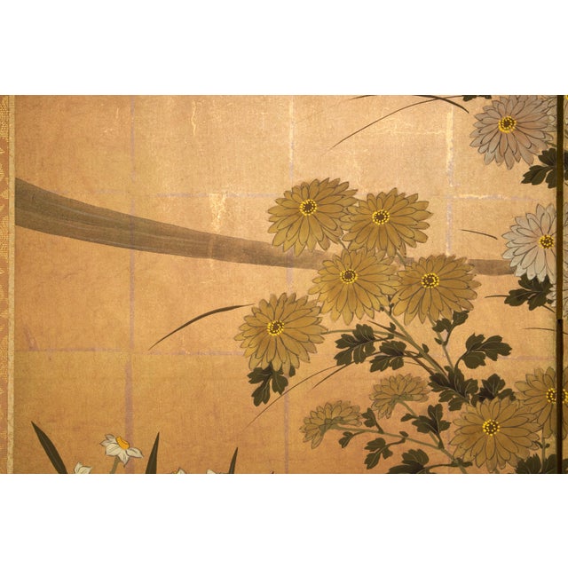 Wood "Flowers of the Four Seasons", 1970s Showa Era Japanese Painted Byobu Screen For Sale - Image 7 of 18