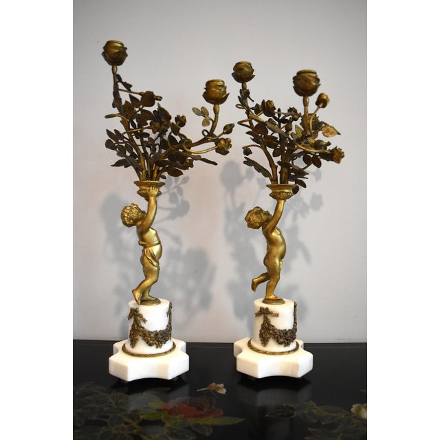 French 19Th Century Louis XVI Style Gilt and Bronze Mounted Cherub Candelabras on White Marble Stands For Sale - Image 13 of 17