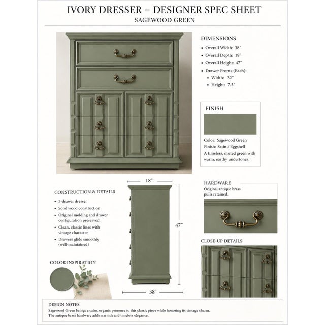 English Vintage Sagewood Green Five-Drawer Dresser With Antique Brass Hardware For Sale - Image 3 of 3