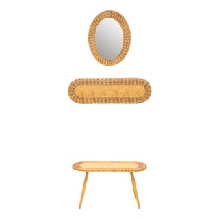 Mid-Century Wicker Set of Stool, Mirror and Coat Hanger, Former Czechoslovakia, 1970s, Set of 3 For Sale