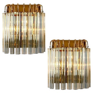 Murano Glass and Gilt Brass Sconces with Grey Stripes in the style of Venini, Italy, 1970s, Set of 2 For Sale