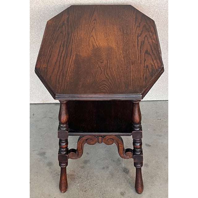Brown Spanish Two-Tier Walnut Console Side Table With Carved Legs and Stretcher For Sale - Image 8 of 13